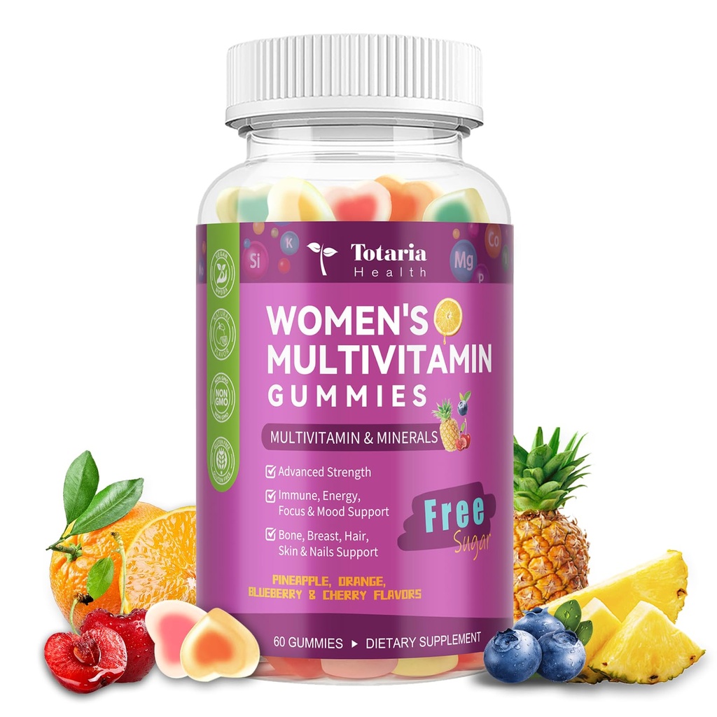 Totaria Sugar Free Womens Multivitamin Gummies with Iron, Women's Multivitamin w/Vitamins C, D3 K2, B12, B6, Filled Gummies for Daily Nutritional Support| Immune Support| Skin Health, Mixed Flavors