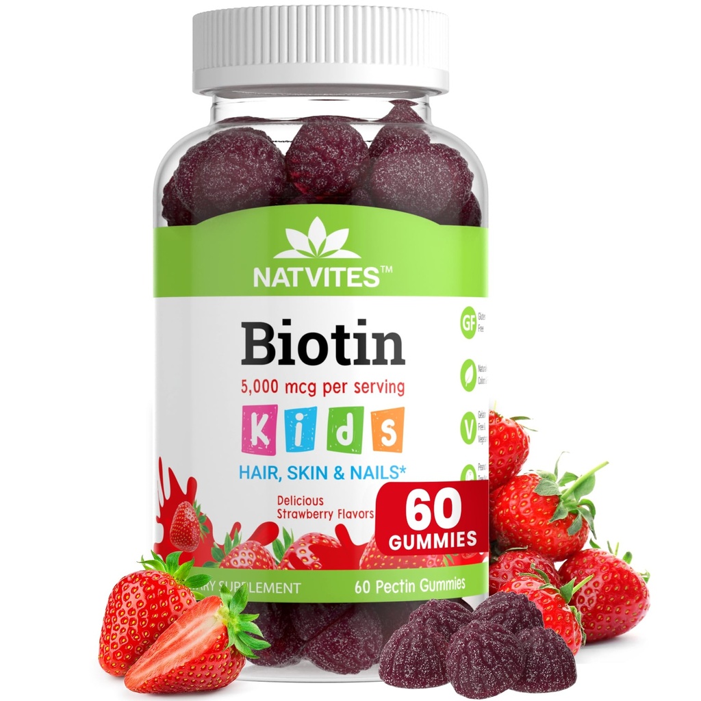 Kids Biotin Gummies for Hair Growth Support - Biotin 5000mcg Kids Hair Skin & Nails Gummies for Boys and Girls - Vegetarian Gluten Free Vitamin B7 - Hair Nails & Skin Vitamins (60 Count)