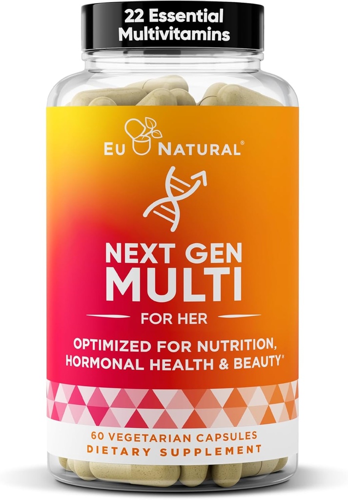 Siguiente Gen Multivitamínico para Mujeres – 22 Vitaminas optimizadas para la Inmunidad, Belleza, Cerebro, Energía, Huesos y Corazón – Vitamina C, D, E, K, Iron, B6 y DHA - 60 cápsulas blandas vegetarianas (Paquete mayo Vary)