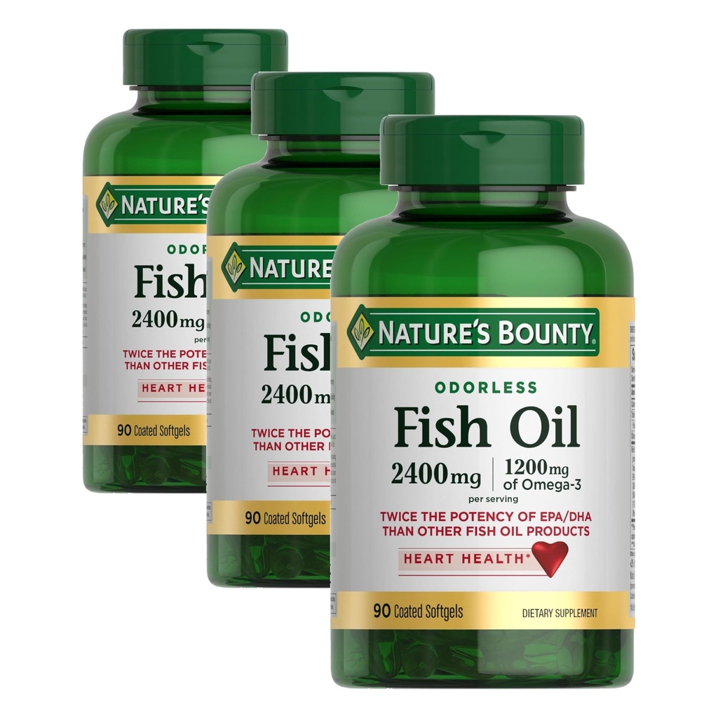 Nature's Bounty Odorless Fish Oil, 1200mg Omega-3 per Serving Including EPA & DHA, Supports Heart Health, Purified to Eliminate Mercury,Coated Softgels,Gluten Free,No Shellfish, 90 Count, (Pack of 3)