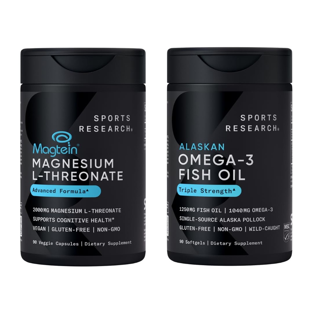 Sports Research® 90 Ct Cognitive Health Pack - Triple Strength Omega 3 Fish Oil EPA DHA Fatty Acids from Single-Source Wild Alaskan Pollock & Magtein Magnesium L-Threonate for Memory, Focus, Cognition