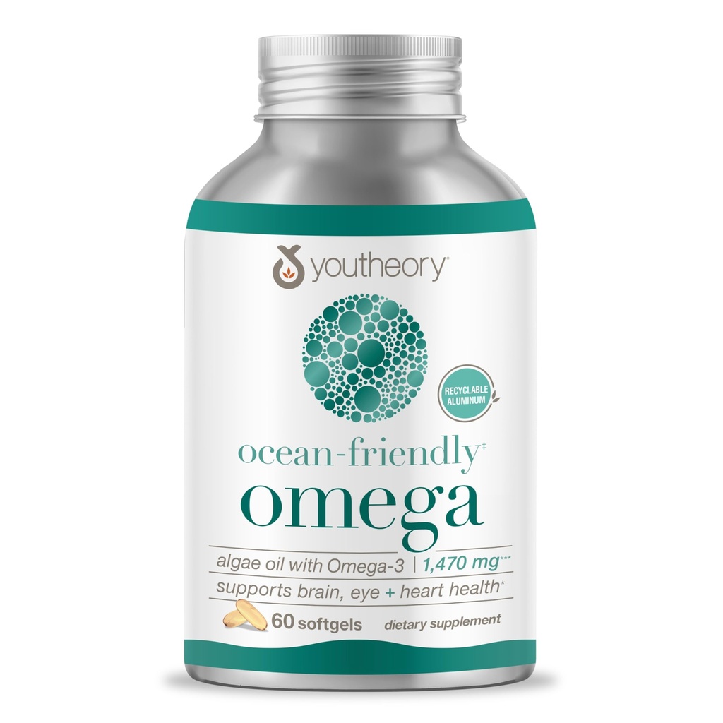 Youtheory Ocean-Friendly Omega - Algae Omega 3 Supplement with EPA & DHA - Supports Brain & Eye Health* - Plant-Based - for Pescatarian & Vegan Diets - 60 Softgels (30-Day Supply)