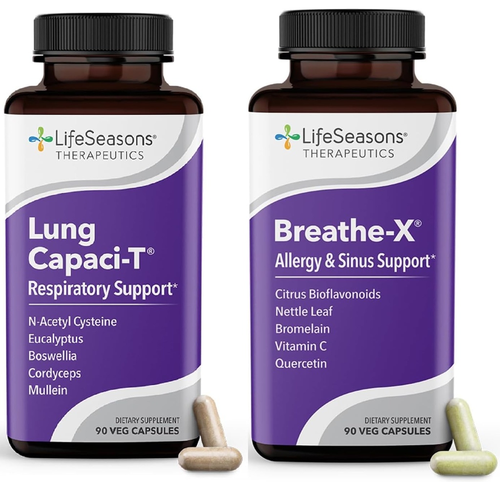 LifeSeasons Breathe-X with Lung Capaci-T - Alergía &amp; Respiratory Support - Fast Acting Sinus Relief - Aumento de la capacidad de oxígeno " Reduce Mucus - 180 cápsulas