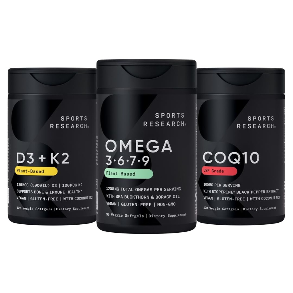 Sports Research® Vegan Supplements Pack - Vegan Omega 3-6-7-9 - 1200 mg of Multi-Spectrum Omega Fatty Acids + D3 + K2 + CoQ10 (100mg)