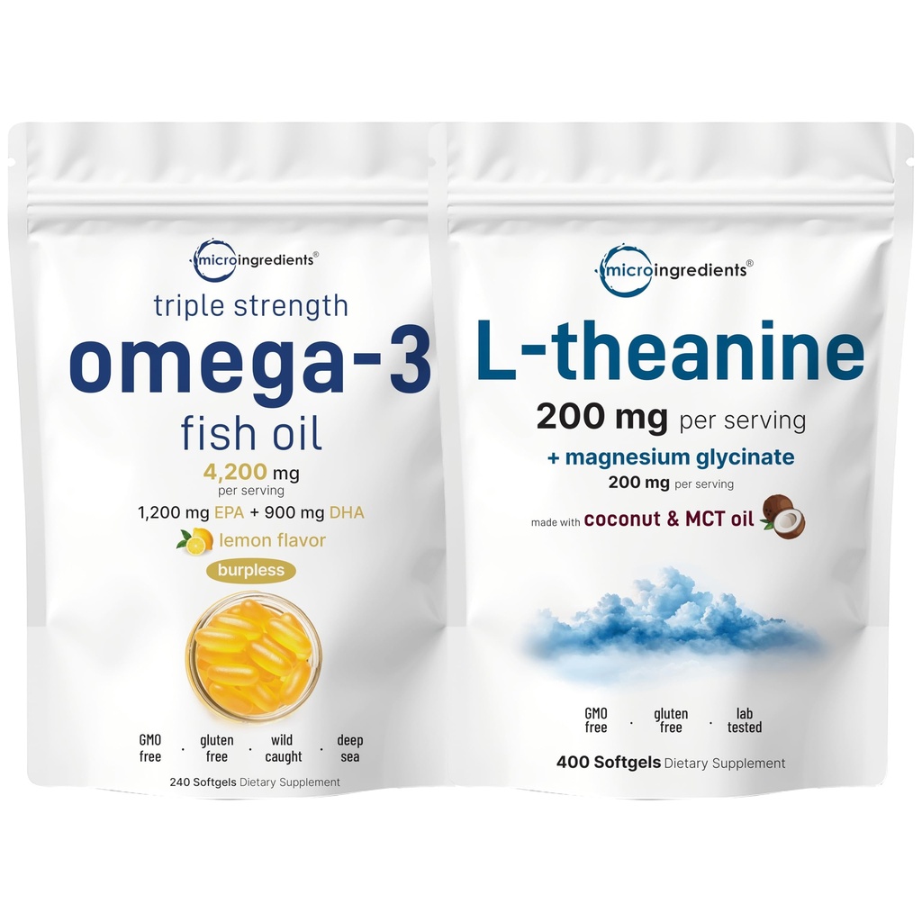 Micro Ingredients Omega-3 Fish Oil 4,200mg Softgels & L-Theanine 200mg Bundle 2 Pack | Wild-Caught Fish, Burpless with Lemon Flavor | Amino Acid & Mineral Complex