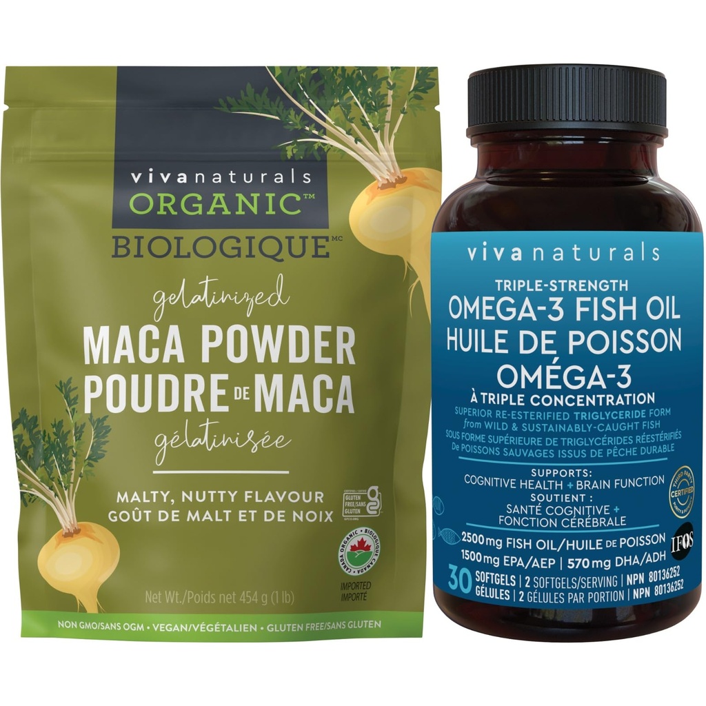 Viva Naturals Organic Maca Powder 1lb+Triple Strength Omega-3 Fish Oil 2500mg—Gelatinized Peruvian Maca Root for Energy + Omega-3 with EPA & DHA for Brain & Heart Health—Vegan, Gluten-Free, Non-GMO