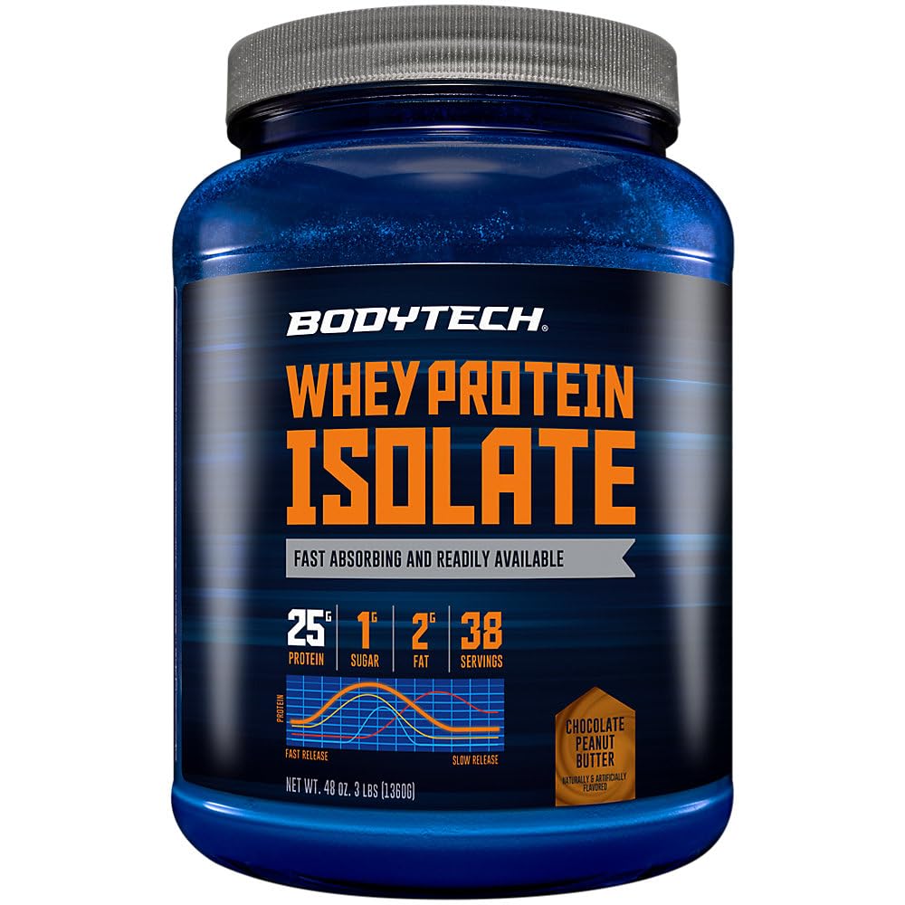 BodyTech Whey Protein Isolate Powder - 25g Protein per Serving with BCAAs - Fast-Absorbing for Muscle Growth & Recovery - Rich Chocolate (3 lb, 38 Servings)