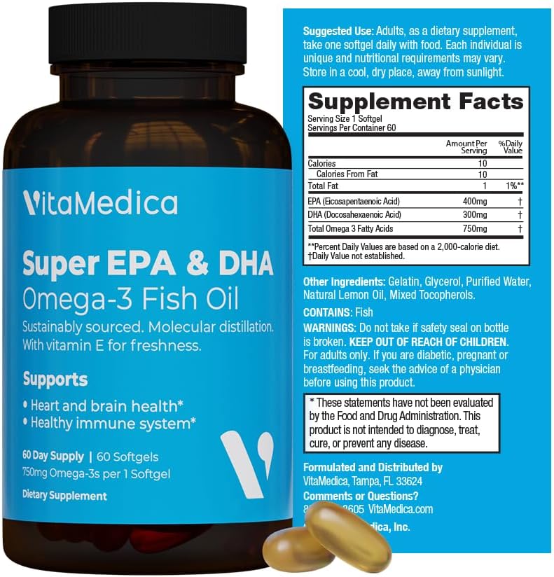 High-Potency, Super EPA/DHA Fish Oil 750mg of Essential Omega-3 Fatty Acids