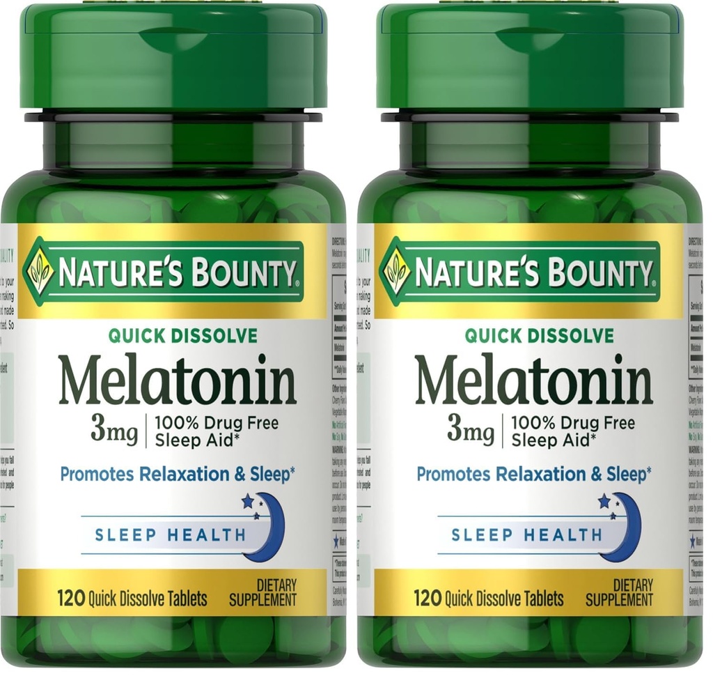 Nature's Bounty Melatonin, Promotes Relaxation & Sleep, 100% Drug Free Sleep Aid, 3 mg, 120 Quick Dissolve Tablets (Pack of 2)