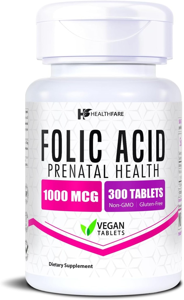Healthfare Folic Acid 1000mcg TEN 300 Veg Tablets TEN Vitamin B9 TEN Gluten-Free TEN Non-GMO TEN Made in USA