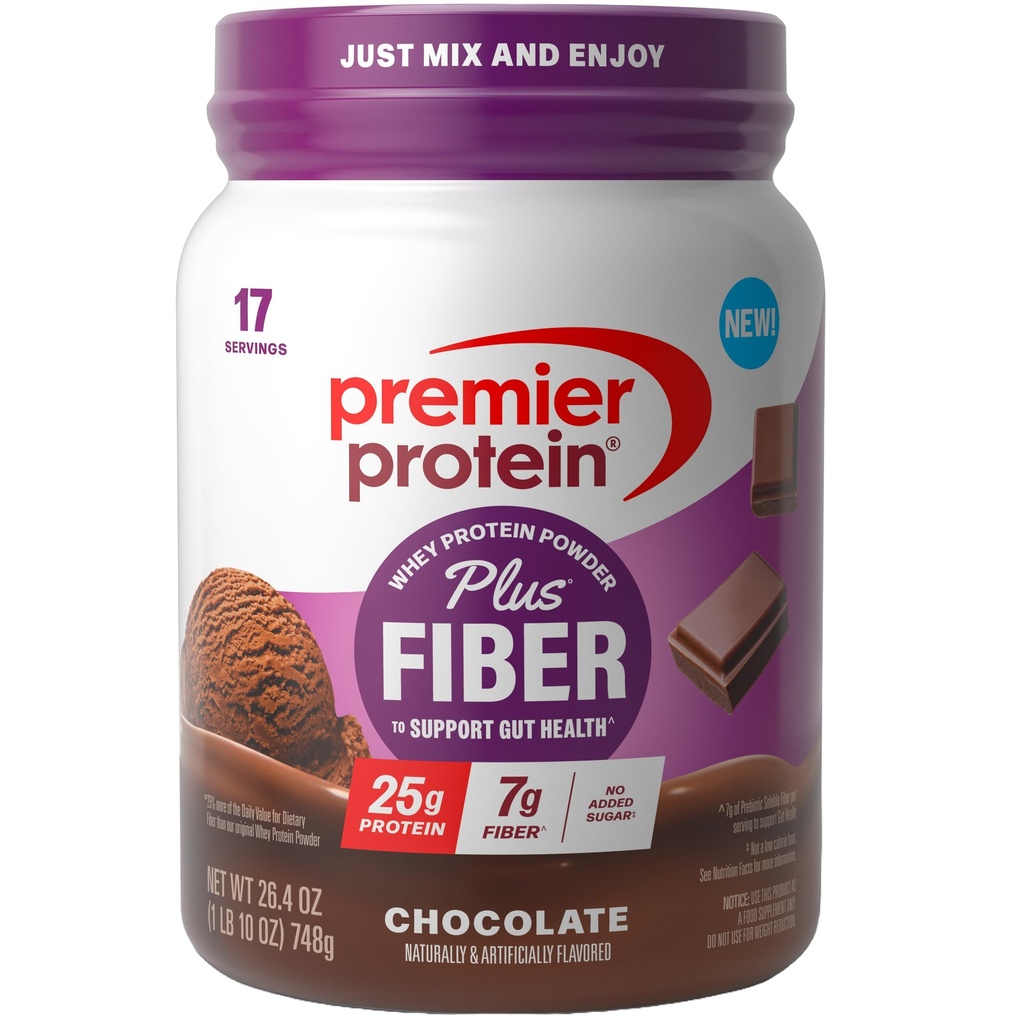 Premier Protein Powder Plus Fiber, Chocolate, 25g Protein, 7g Fiber to Support Gut Health, No Added Sugar (17 Servings)