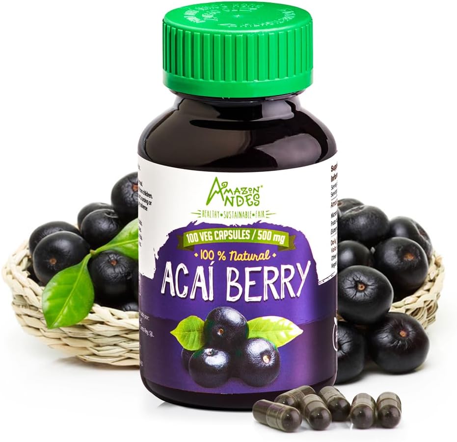 Andes Acai/Açai Berry Capsules (Euterpe oleracea) – Rich Source of antioxidant, Vitamin C &amp; Fibers - Support Immune System - Gluten Free, Non GMO, Vegan " Non-irridated - 100 Veg Pills (500mg)
