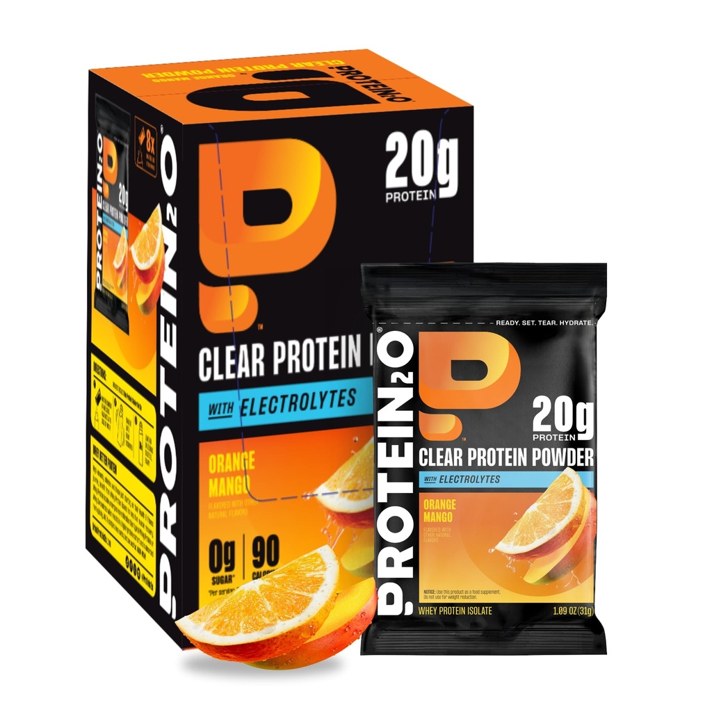 Protein2o 20g Whey Protein Isolate Clear Protein Powder, 370mg of Electrolytes, Vitamins B5 & B6, Sugar Free, Orange Mango, 8-Pack