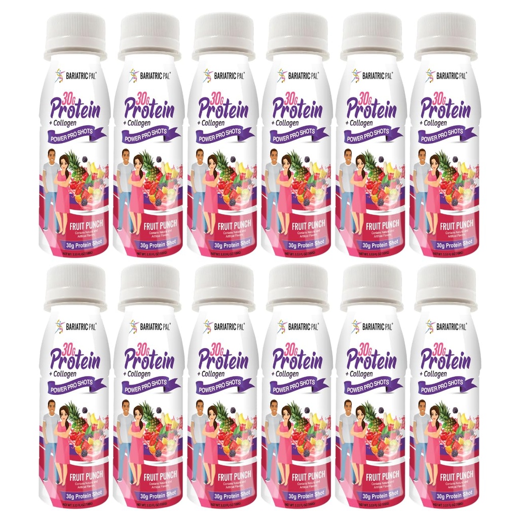 BariatricPal 30g Whey Protein & Collagen Sugar-Free Power Pro Shots - Fruit Punch (12 Bottles)