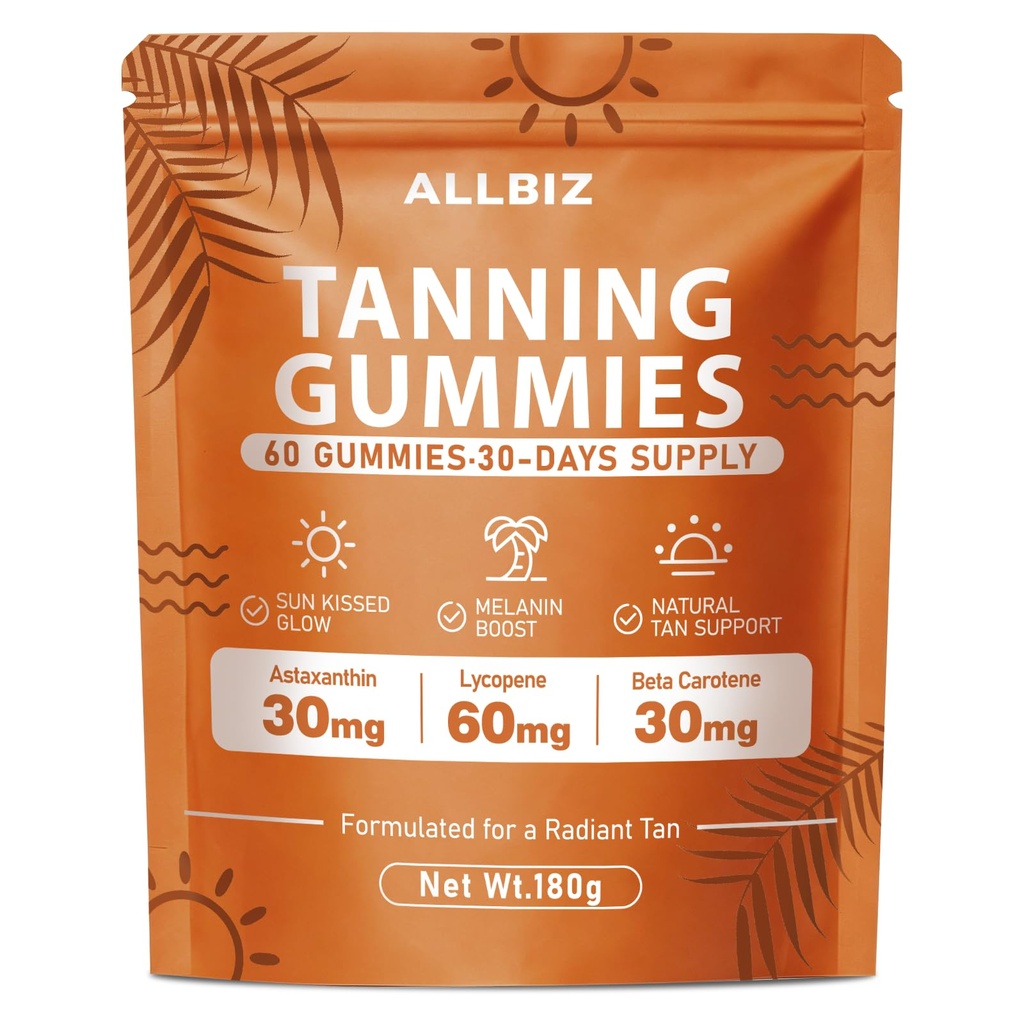 ALLBIZ Tanning Gummies with Astaxanthin & Beta Carotene, Glow Support Supplement for Natural Radiance, Vitamin C & E, Non-GMO Vegan, Sugar Free, 60 Count
