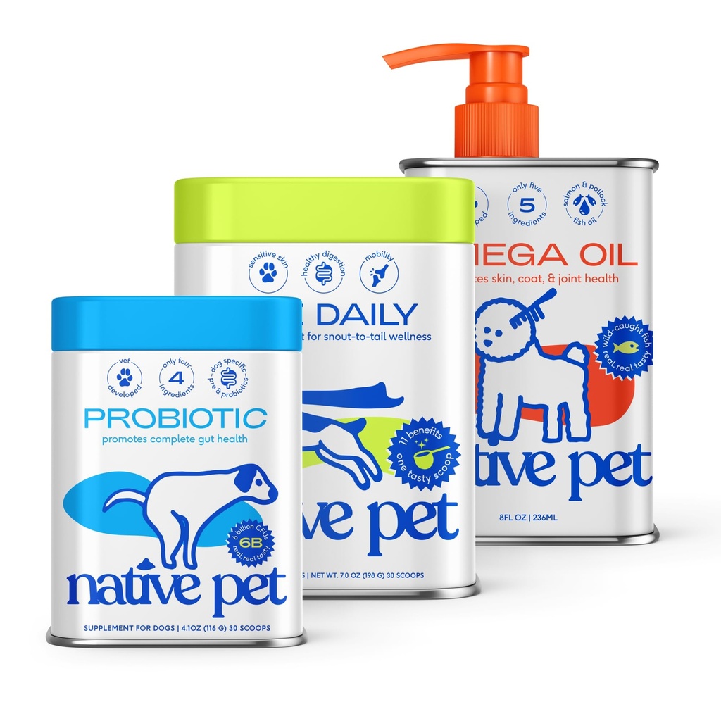 Native Pet Digestive & Wellness Boost Bundle: Daily Multivitamin (30 Scoops), Probiotic for Dogs (30 Scoops) & Omega 3 Fish Oil (8 Oz.) - Supports Digestive Health & Wellness Boost