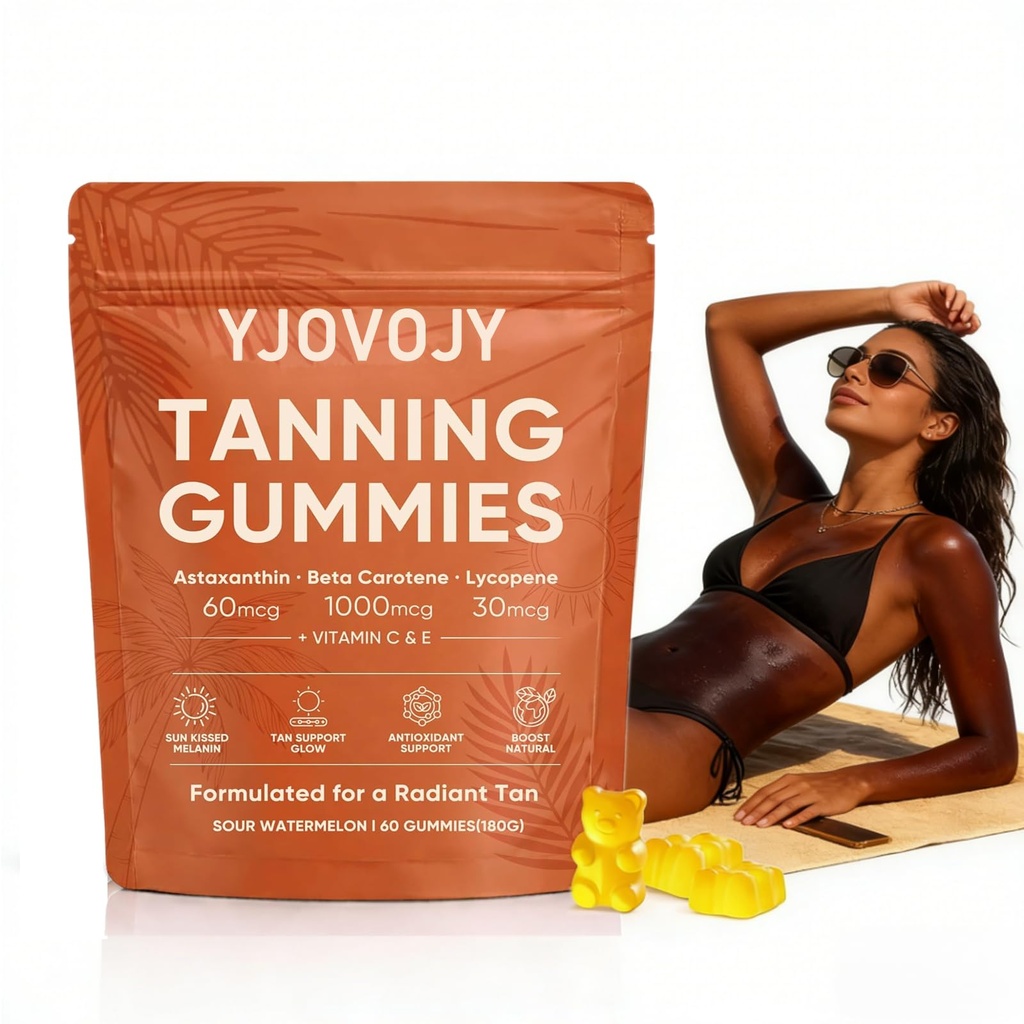 Savanna Skin Tanning Gummies，Rich in astaxanthin, beta-Carotene and lycopene, with a Watermelon Flavour, They Help Your Skin Glow from the Inside Out. Pack of 60 (Yellow)