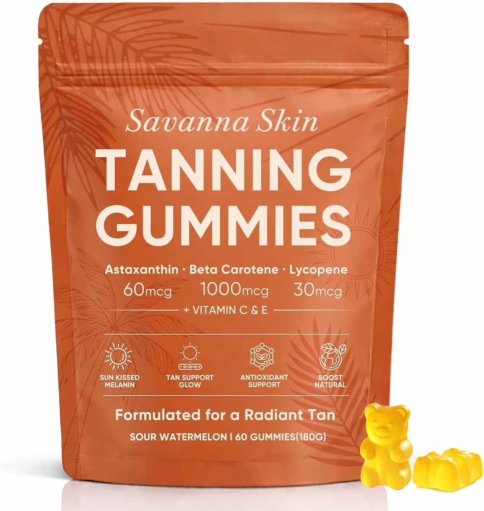 Savanna Skin Natural Tanning Gummies - Vitamin C & E, Astaxanthin & Beta Carotene for Radiant Glow & Hydration, Non-GMO Vegan Sugar-Free, 60 Count