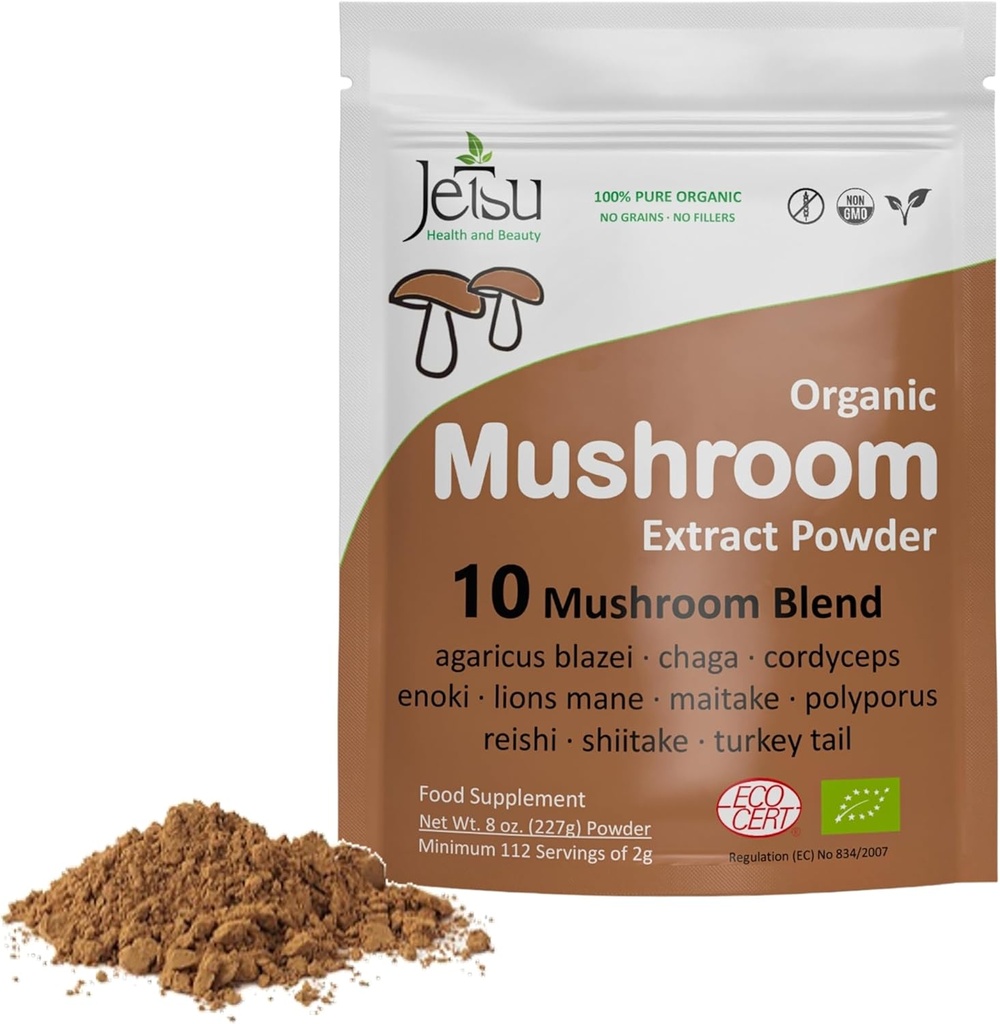 Mushroom Extract Powder - Powerful 10 Blend, Organic Lions Mane, Cordyceps, Reishi, Shiitake, Turquía Tail Mushrooms Nootropic Brain Supplement for Energy, Calm, Focus &amp; Immune System Booster