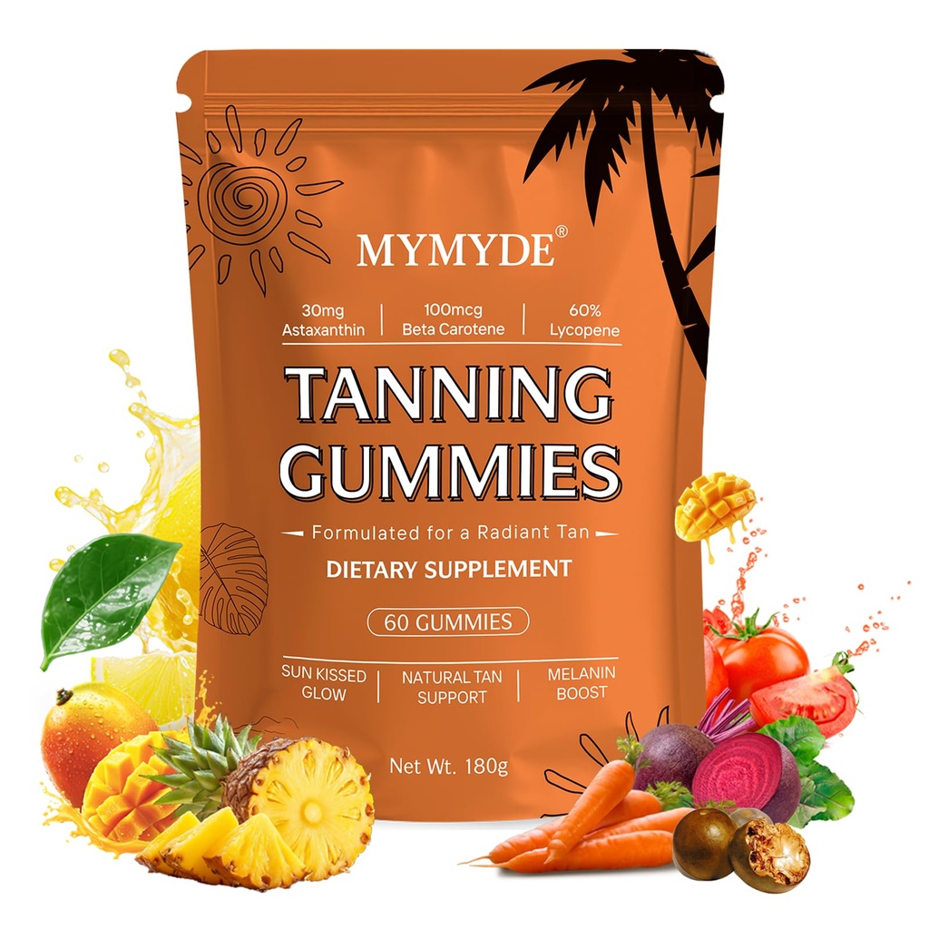 Skin Tanning Gummies for Women & Men - for Radiant Tan Natural Tan with Vitamin,Astaxanthin, Beta Carotene, Skin Radiance & Hydration，Support Melanin Boost - 60 Gummies