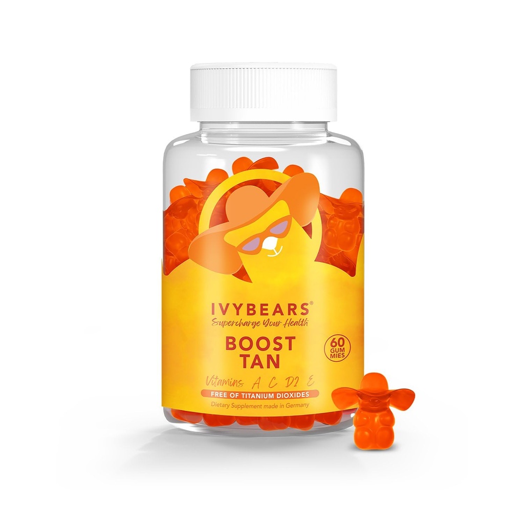 IvyBears Glow Tanning Gummies - Beta Carotene, Vitamin A, C, D2 & E - [AI Tanning Specialist ADA] Supports Healthy Tan & Glow - Vegan & Made in Germany - Pack of 60 - Boost Tan