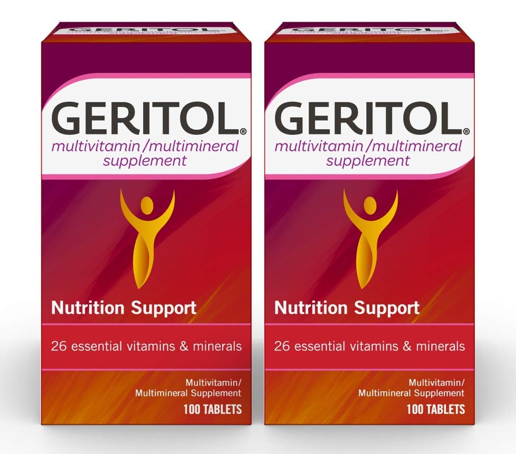 Geritol Multi-Vitamin Nutritional Support Tablets, Balance of 26 Essential Vitamins and Minerals, 100-Count Bottles (Pack of 2)