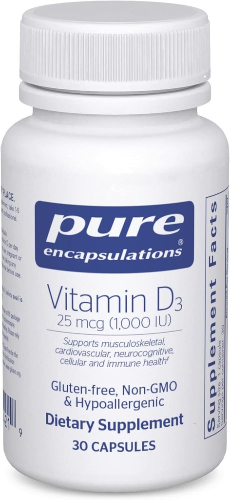 Encapsulaciones puras Vitamina D3 25 mcg (1,000 UI) - Suplemento de Bono de Apoyo, Conjunto, Breast, Corazón, Colon &amp; Immune Health - con Vitamina Premium D - 30 cápsulas