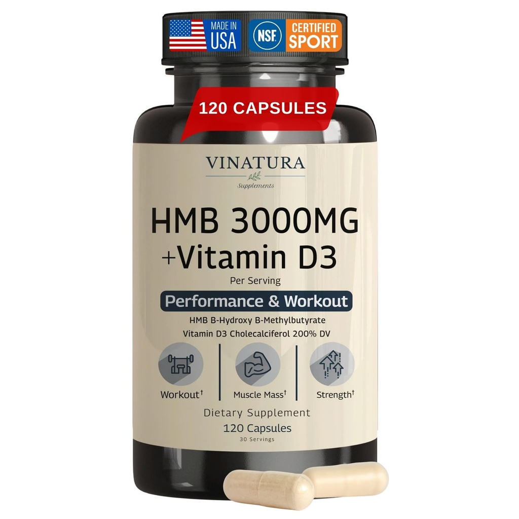 VINATURA HMB 3000mg and Vitamin D3 Supplement - HMB (Beta-Hydroxy Beta-Methylbutyrate), Vitamin D3 (1600 IU), Made in USA & NSF Certified for Sport - 120 Capsules