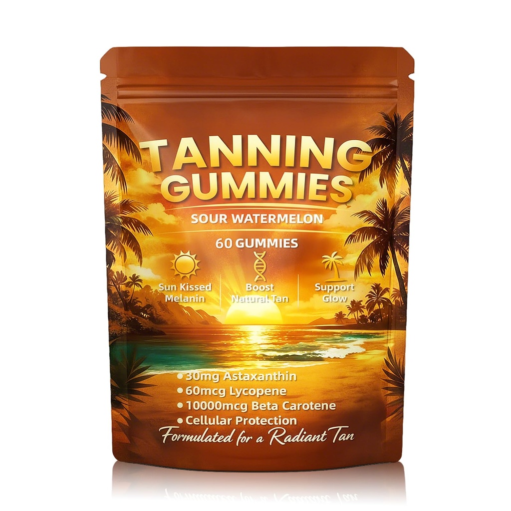 Tanning Gummies, Daily Tanning Gummies with Astaxanthin, Beta-Carotene, Lycopene & Vitamins, Self Tanning for Natural Looking Glow, Bronzing, Vegan & Sugar Free - 60 Count (1)