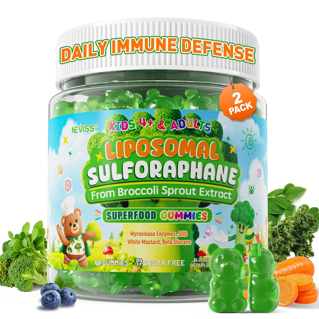 Liposomal Sulforaphane Gummies from Organic Broccoli Sprouts with Superfood, Beta Glucans, Myrosinase, White Mustard For Kids 4+ & Adults Immune, Cell Health, Antioxidants, Vegan, Sugar Free, 120cts