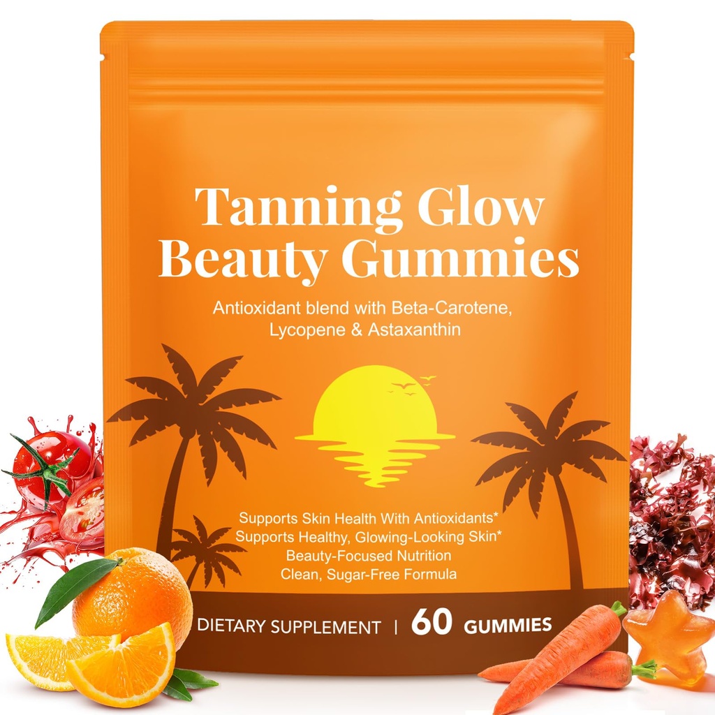 Astaxanthin Tanning Gummies Sun-Free for Women & Men, NO Sugar, With Beta Carotene, Vitamin ACDE Lycopene Enjoy a Tasty, Easy to Carry, No Water Making it Easy Enjoy a Healthy Tan Every Day 60Count