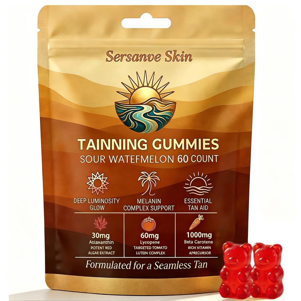 Skin Tanning Gummies for Women & Men | Sunless Tanning Supplement with Astaxanthin, Beta Carotene & Lycopene | Daily Skin Hydration & Natural Radiance for Indoor/Outdoor | Vegan, Sugar Free, 60 Count