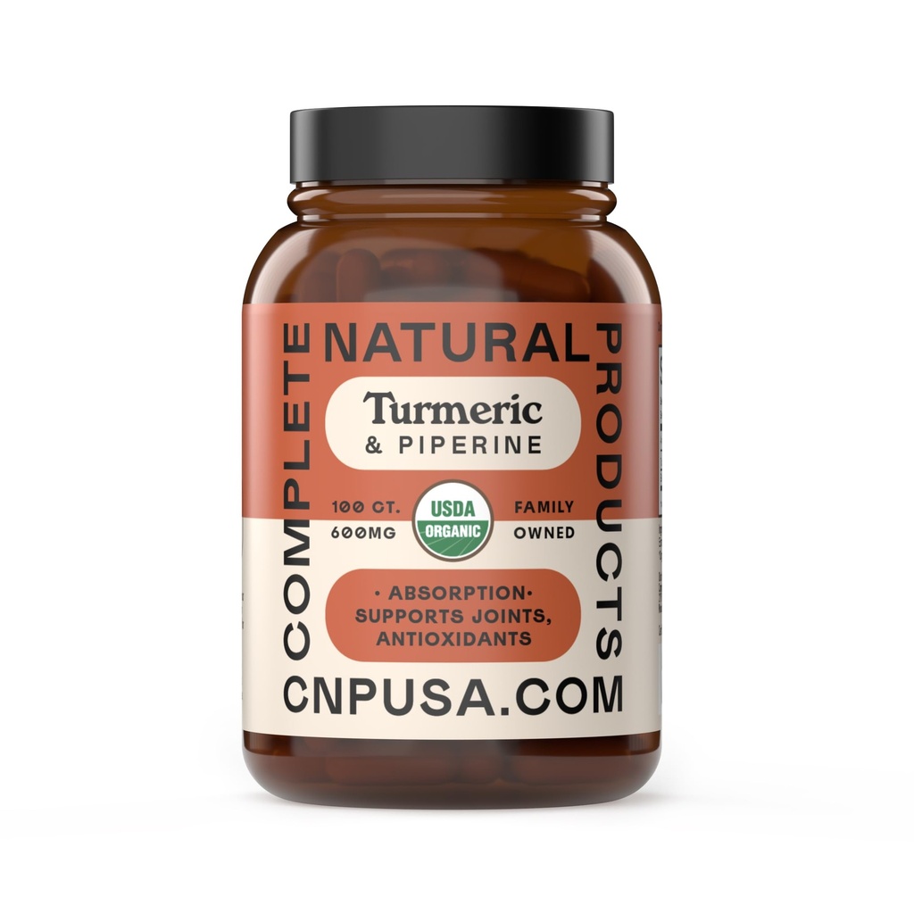 CNP Organic Turmeric with Piperine Capsules 600mg - High Absorption Curcumin with Black Pepper, Plant Based Supplement, Clean Formula No Fillers, 100 Count Glass Bottle, Made in USA, Family Owned