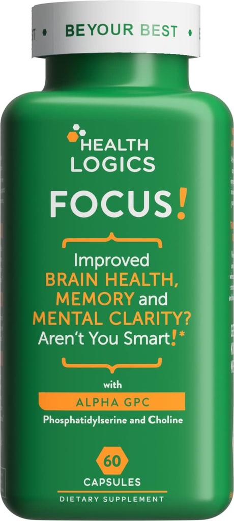 Health Logics Focus! - Suplemento cerebral de memoria, claridad, concentración con escotilla, Ginkgo Biloba, Alpha GPC, Phosphatidylserine, Bacopa Monnieri l 60 capsules l Non-GMO