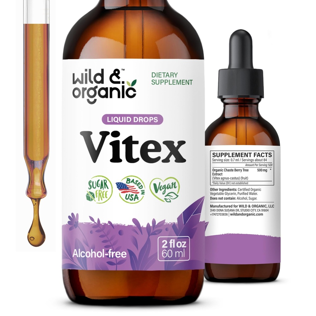 Wild & Organic Vitex Tincture for Perimenopause & Mood Support - Vitex Chasteberry Supplement for Women - Liquid Chaste Tree Supplement - Vegan, Sugar & Alcohol-Free Berry Extract Drops - 2 fl oz