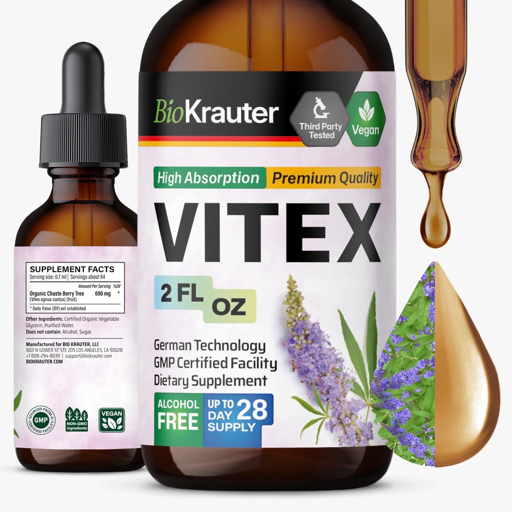 BIO KRAUTER Vitex Chasteberry Supplement for Women & Menopause Support* - 2 Fl.Oz 28 Days of Supply - Pure Vegan Vitex Berry Tincture - Alcohol & Sugar Free, Non-GMO - Relaxation & Women's Wellness