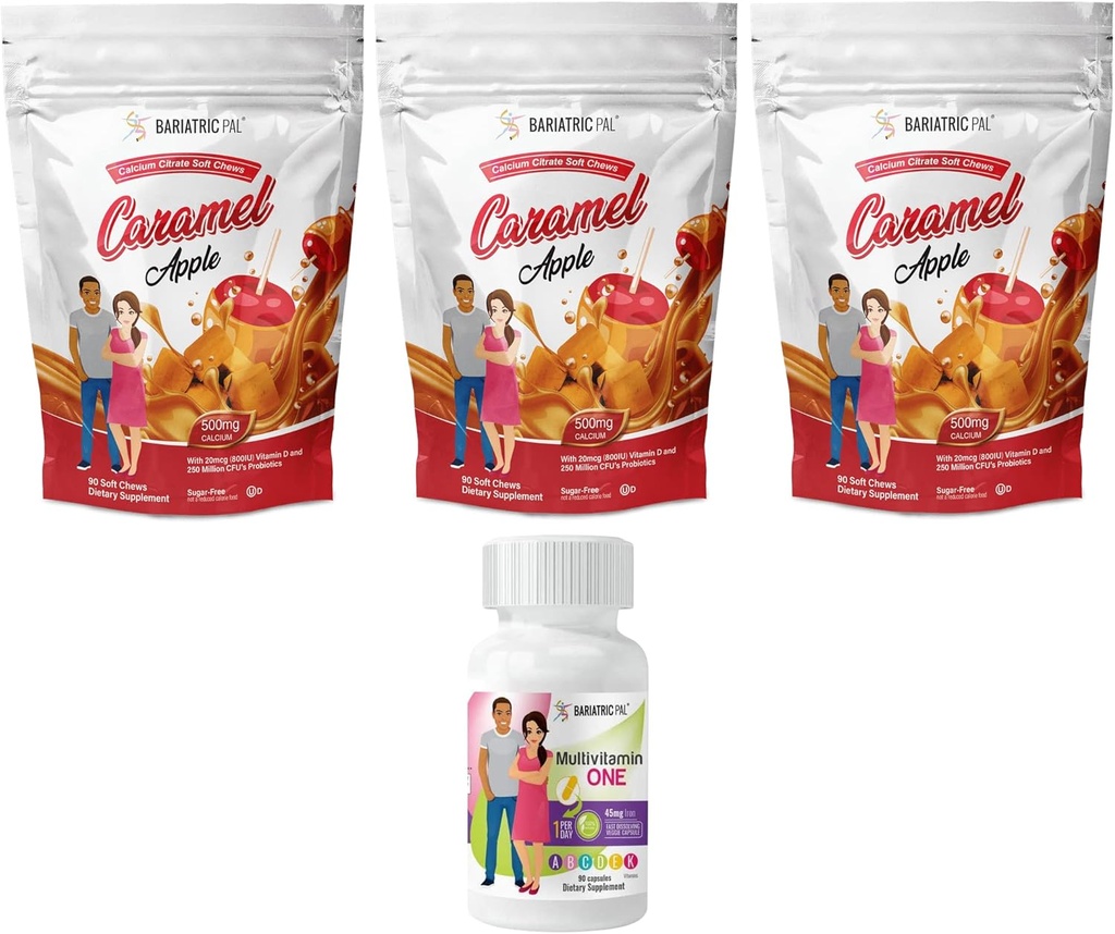 BariatricPal 90-Day Bariatric Vitamin Bundle (Multivitamin ONE 1 por día! Cápsula con 45 mg de hierro y calcio Citratos suaves 500 mg con Probióticos - Manzana Caramel)