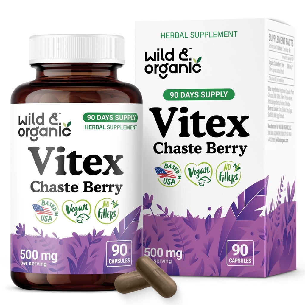 Wild & Organic Vitex Chasteberry Supplement for Women - Peri Menopause Supplements for Women - Vitex Berry Powder Capsules - Chaste Tree Berry Agnus-Castus - Vegan, No Fillers, Non-GMO - 90 Count