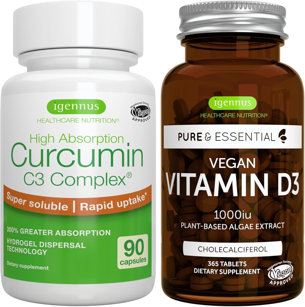 Vitamina Vegana D3 + Complejo de Curcumina de Absorción Alta C3, Bundle Vegan, 365 1000iu Vitamina D3 Tabletas + 300% Curcuminoides de Absorción Mayor con flexión rápida, por Igennus