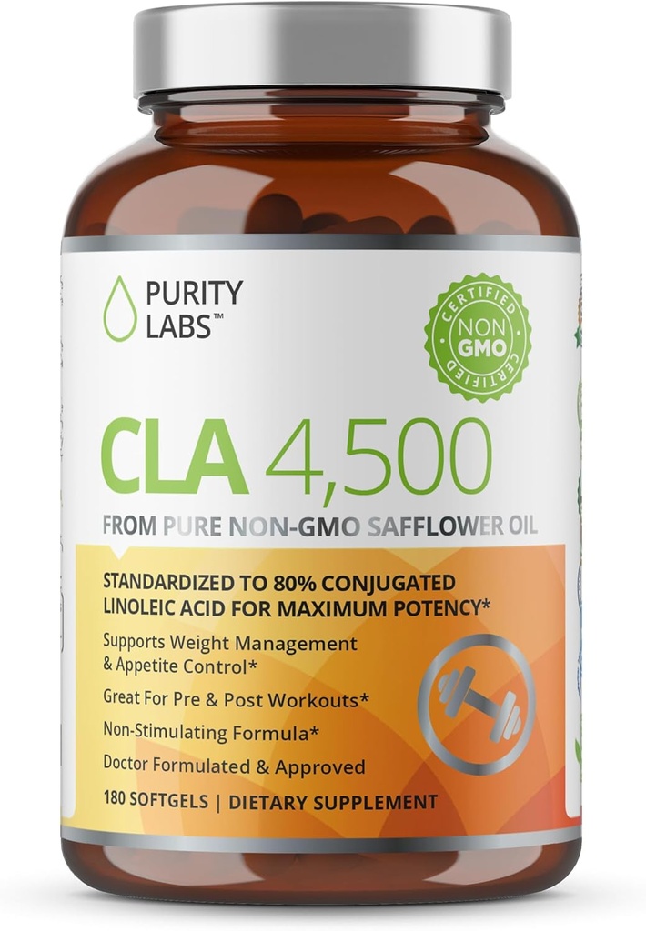 Laboratorios de pureza CLA Suplementos 4500MG - Aceite de girasol no GMO - Apoya Energía, Pérdida de Peso, Salud del Corazón y Salud Musculo - 180 geles suaves