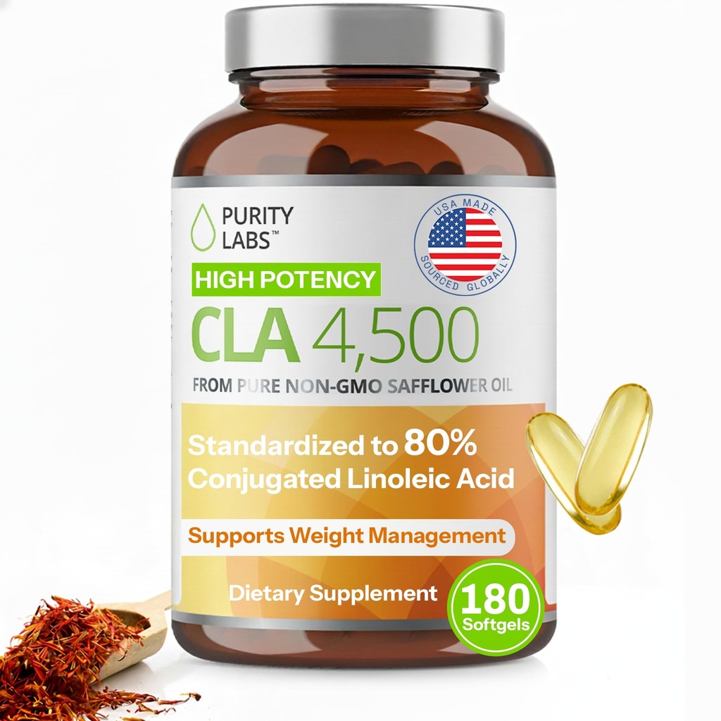 Purity Labs CLA Supplements 4500MG - Non-GMO Safflower Oil - Supports Energy, Weight Loss, Heart Health, and Muscle Health - 180 Soft gels