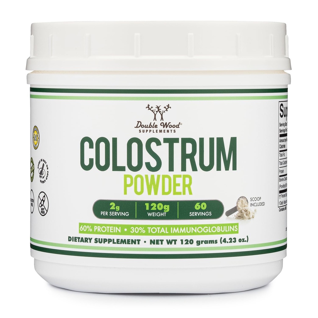 Double Wood Supplements Bovine Colostrum Powder for Women and Men, for Gut Health, Skin & Hair, Immune Support (120 Grams, 60 Day Supply - Standardized to 30% Total Immunoglobulins and 60% Protein)