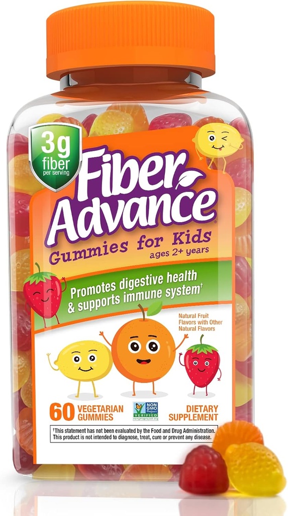 Fiber Advance Gummies for Kids TEN 100% Fiber Suplementos para la Salud Digestiva ← Prebiótico Fiber Gummies TEN Vitaminas para Niños TEN Gluten Free, Vegetarian, " Non-GMO, 60 Conde