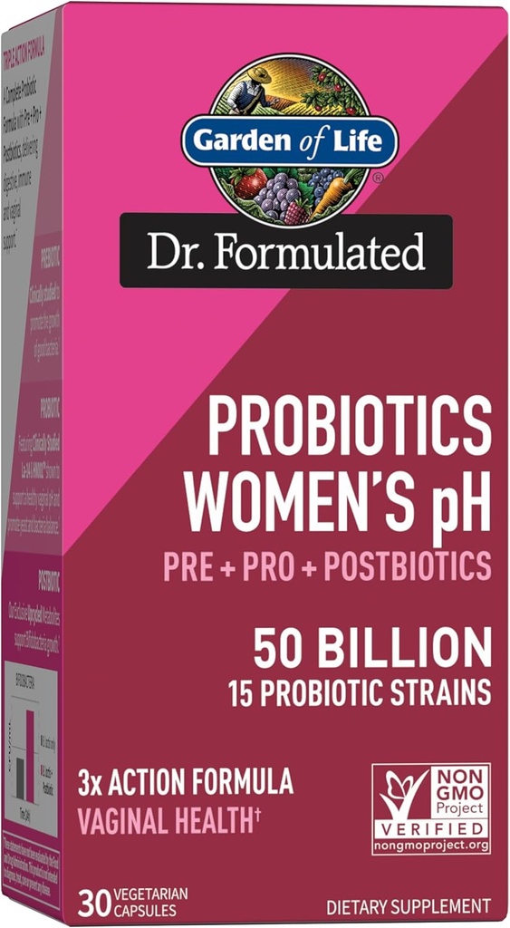 Jardín de la vida Dr Fórmula mujeres pH Probióticos 50 Billones CFU, Pre + Pro + Postbióticos - Apoyo digestivo, inmunológico y vaginal, Potato, Acacia, metabolitos posbióticos, 30 días de suministro