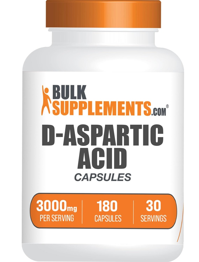 BulkSupplements D-Aspartic Acid Capsules - DAA Supplement for Men & Women, D-Aspartic Acid 3000mg - Unflavored & Soy Free, 6 Capsules per Serving, 180 Capsules (Pack of 1)