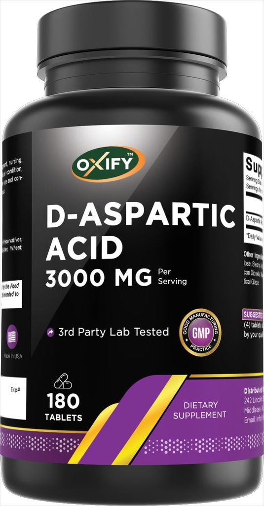 Oxify D- ASPARTIC Acid 3000 mg | 180 Tablets | Gluten-Free, Non-GMO | Supplement Made in USA