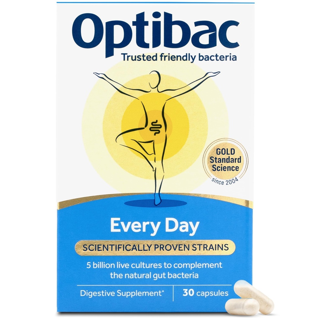 Optibac Probiotics for Digestive Health, 30 Capsules | 6 Scientifically Researched Strains with 5 Billion Live Cultures | Gluten Free & Vegetarian | Supports Gut Flora & Digestive Health