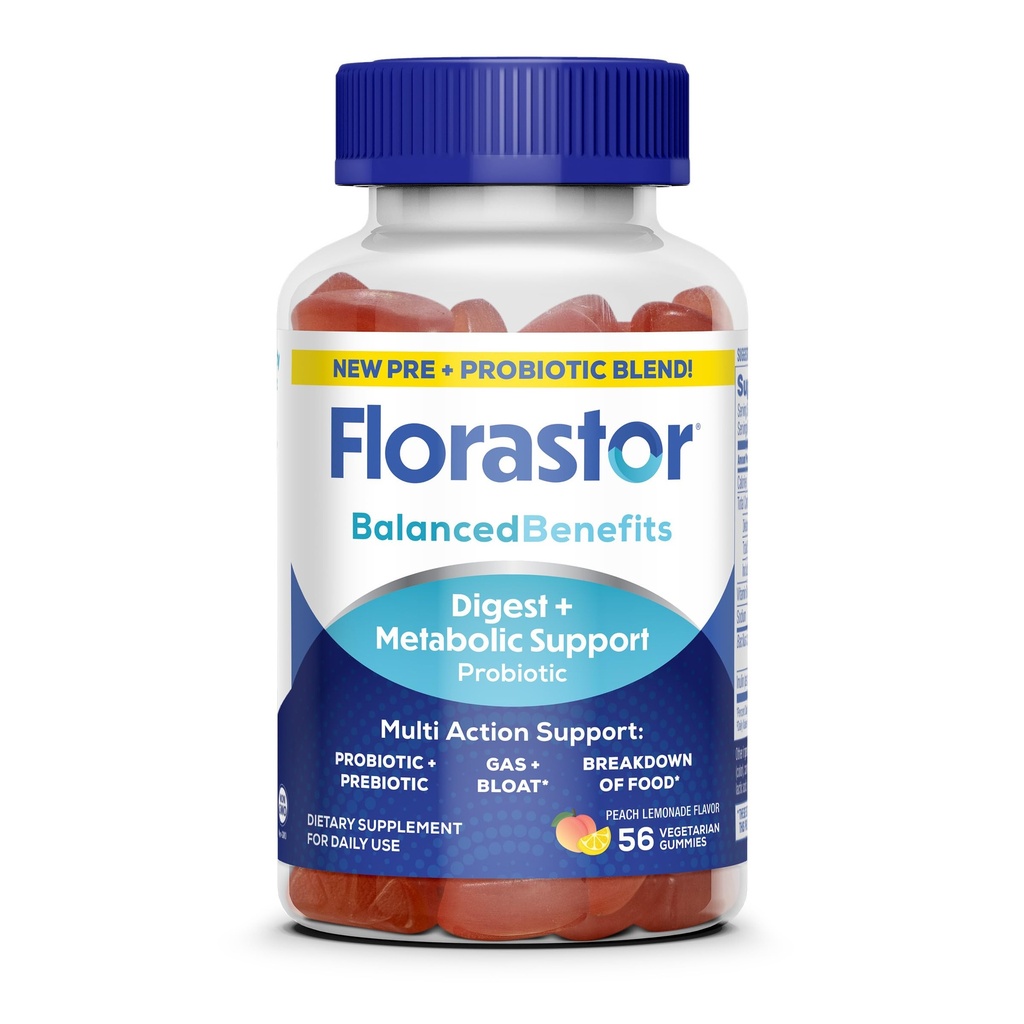 Florastor Prebiotic and Probiotic Gummies, Digestive and Metabolic Support Probiotic Blend for Multi-Action Digestive Health Care, with Vitamin B12, 56 Gummies