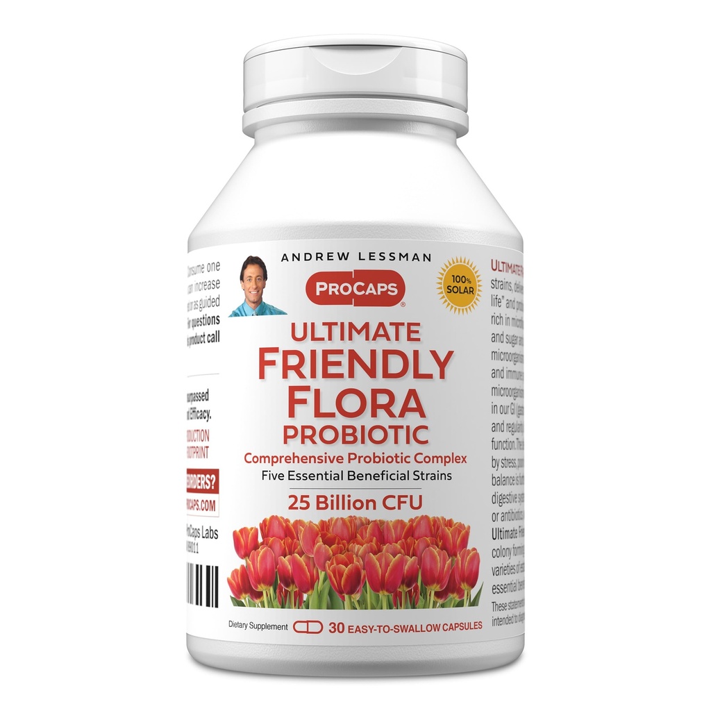 ANDREW LESSMAN Ultimate Friendly Flora Probiotic 30 Capsules - 25 Billion CFU, Comprehensive Blend of Five Probiotic Strains, Powerful Immune and Digestive Support. Probiotics for Women or Men