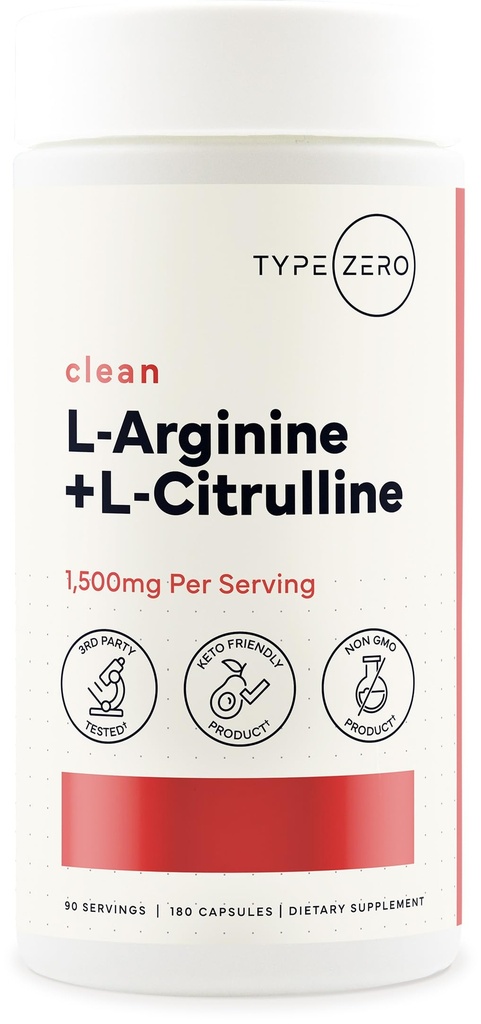 Type Zero L-Arginine + L-Citrulline Supplement (1500mg) - Nitric Oxide Booster - Clean, Keto-Friendly, GMO-Free, 180 Capsules, 90 Servings